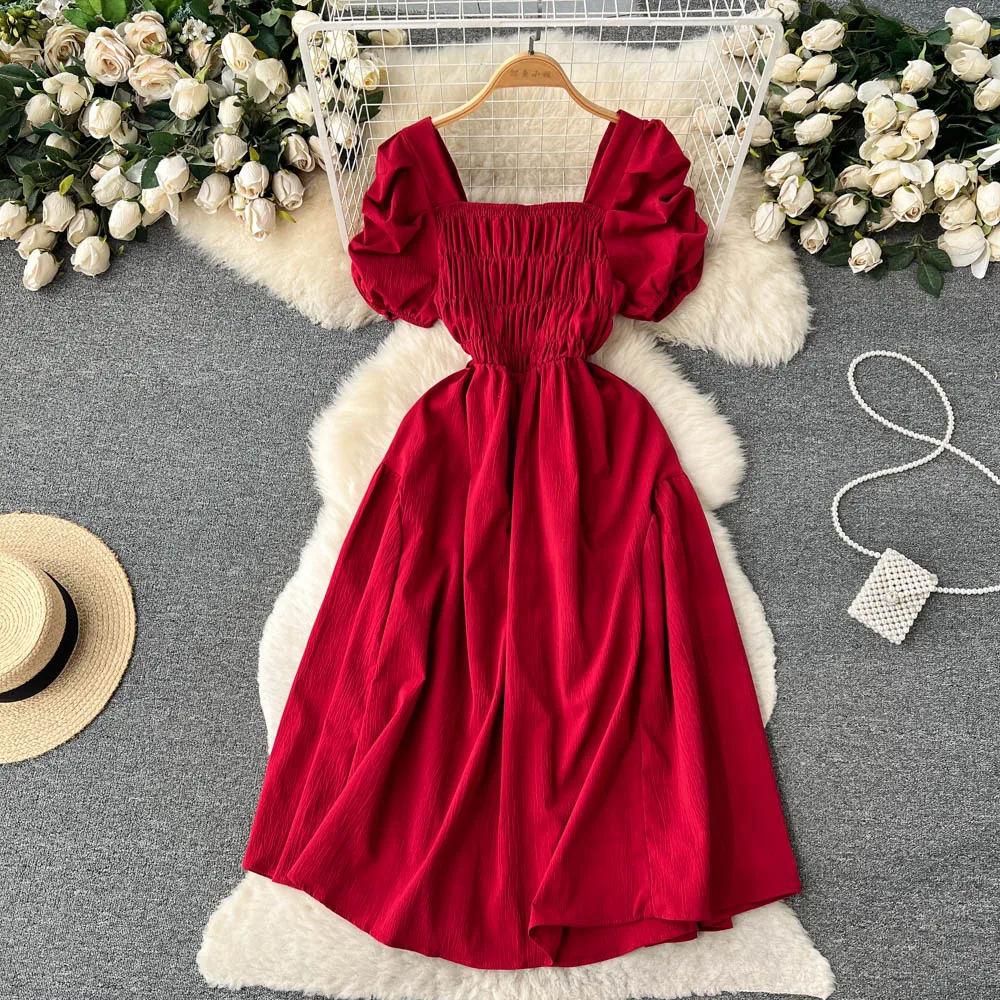 

Женское винтажное платье с квадратным вырезом, однотонное ТРАПЕЦИЕВИДНОЕ ПЛАТЬЕ С Коротким Рукавом, повседневная одежда во французском стиле для путешествий, модель J480 на лето