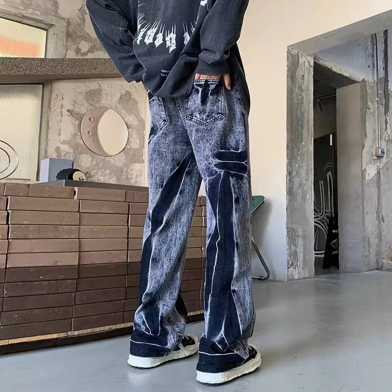 DEEPTOWN Y2K Black Jeans Men Straight Leg Denim Pants Hip Hop Punk Trousers Male Streetwear Harajuku Fashion Loose Casual Spring