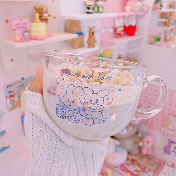 

Korean Cute Transparent Glass Coffee Milk Mug with Handle Home High Capacity Breakfast Mugs Bowl Oatmeal Cereal Cups Gift Cup