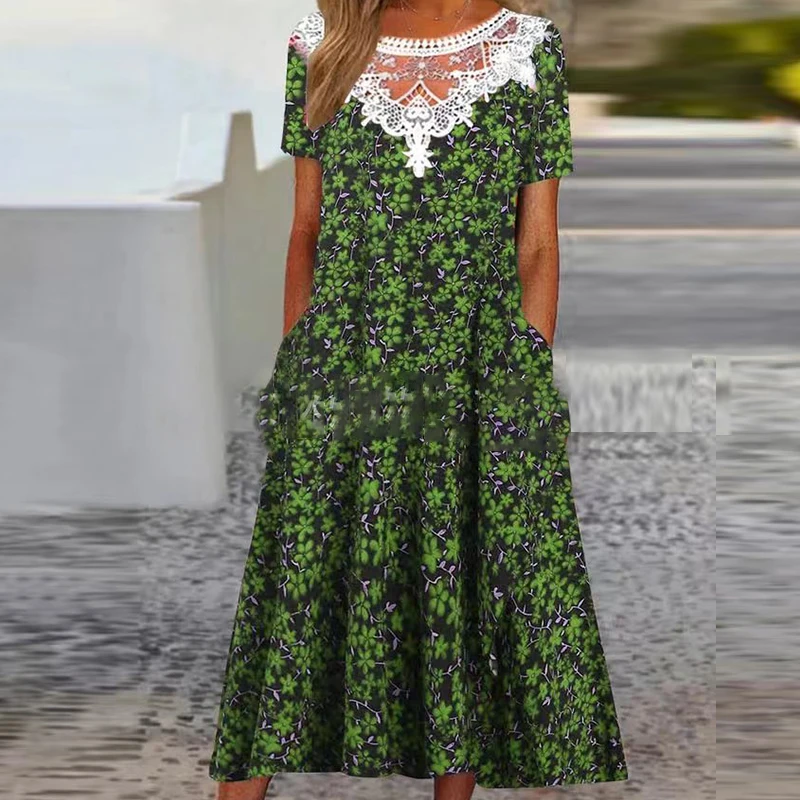 

Spring Crew Neck Embroidery Lace Party Dress Women Elegant Hollow Patchwork Office Dress Summer Short Sleeve Pocket Female Dress