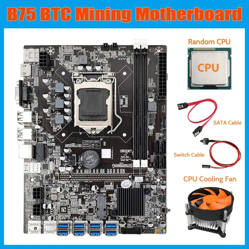 

B75 ETH Mining Motherboard+Random CPU+Cooling Fan+Switch Cable LGA1155 8XPCIE USB Adapter DDR3 MSATA B75 USB Motherboard