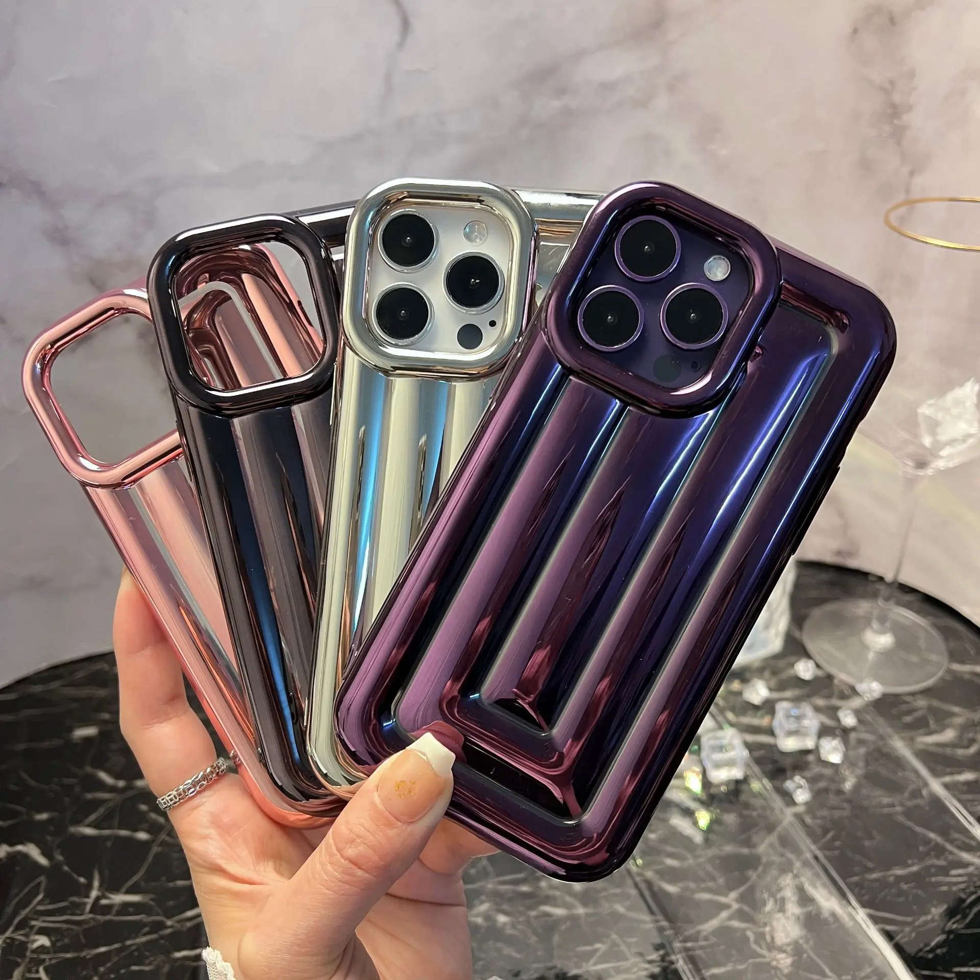 

Luxury 3D Electroplated Stripe Phone Case for iPhone 1413 11 12 Pro Max Simple Stereo Bright Surface Air Cushion Protector Case