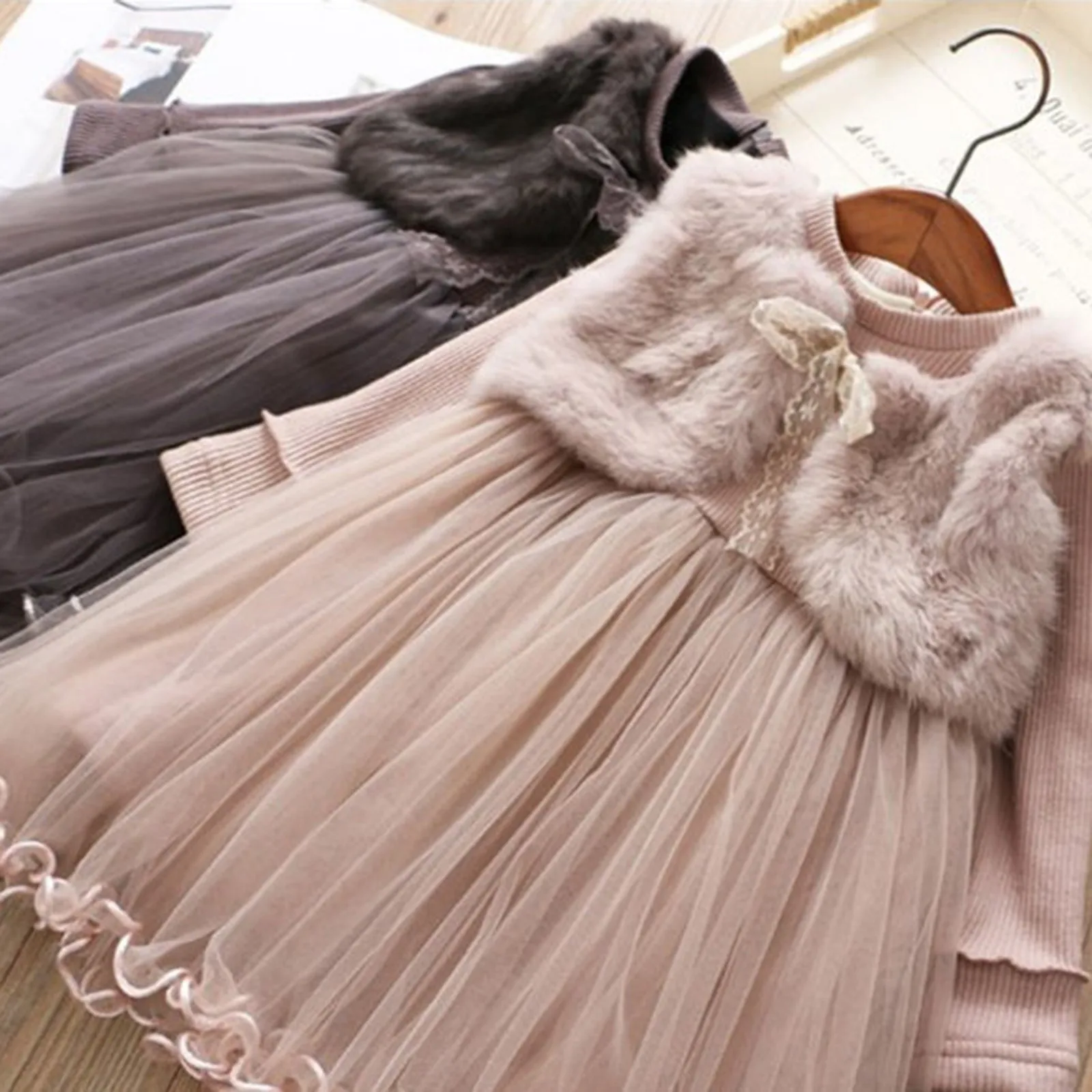 

1-7 Years Kids Girls Elegant Dress Toddler Baby Girls Autumn Winter Mesh Patchwork Long Sleeve Fleece Party Tulle Princess Dress