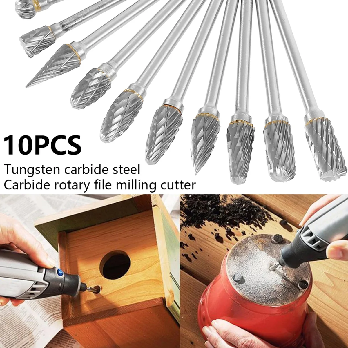 

10PCS Woodworking Drill Bits Tungsten Carbide Steel Rotary Burrs Metal Grinding Wood Grinding Drill Bit For Rotary Dremel Tools