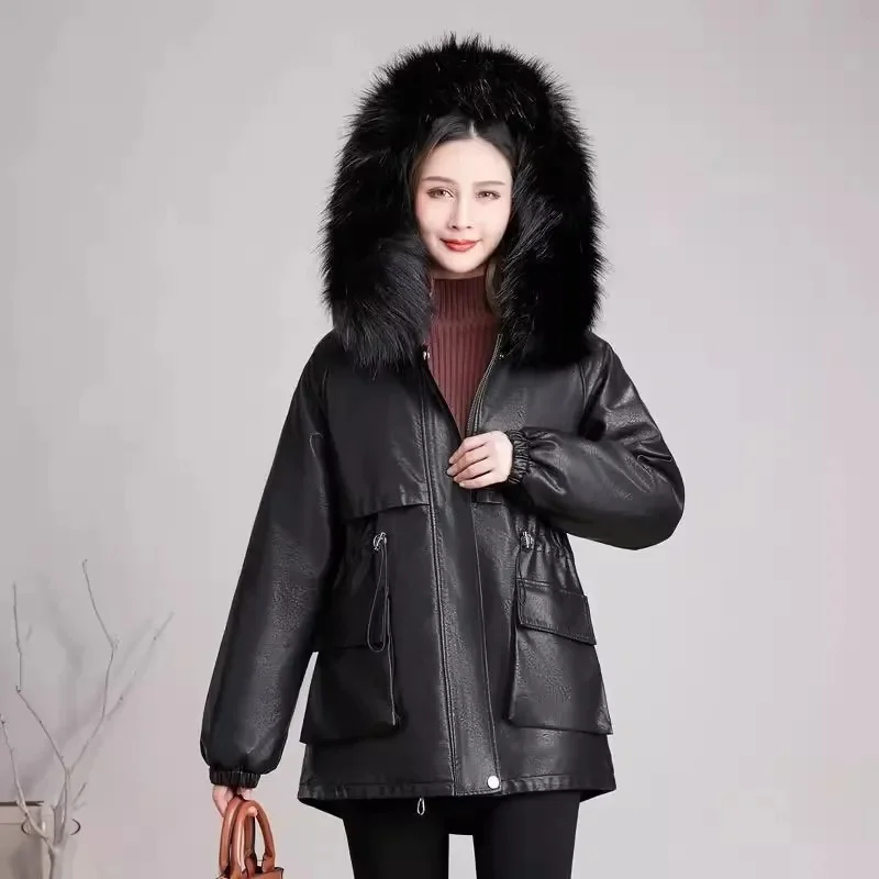 Пальто из искусственной кожи с большим меховым воротником женская куртка на
