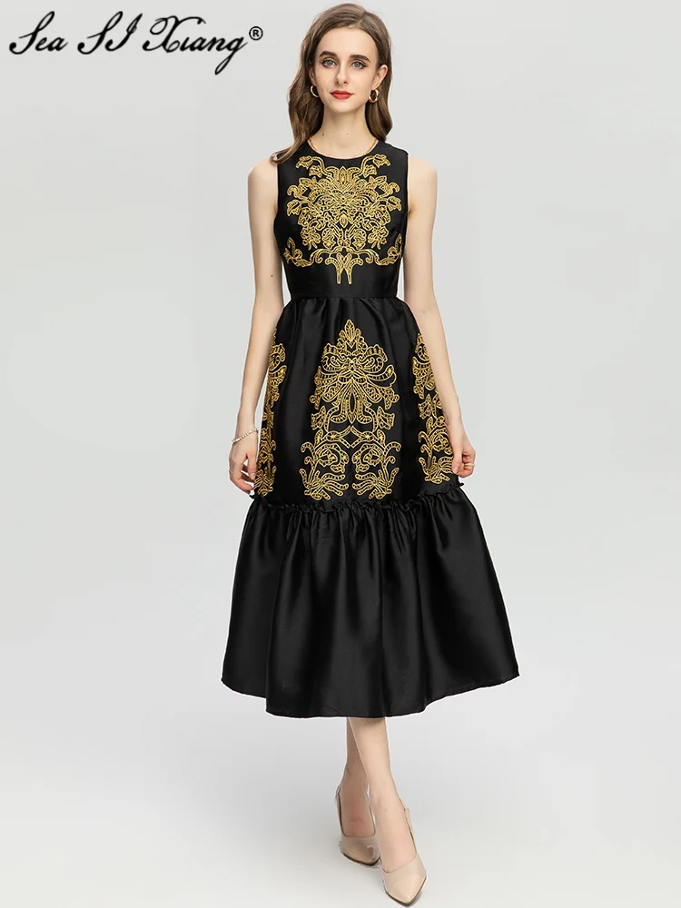 Seasixiang Fashion Designer Autumn Tank Dress Women O-Neck Sleeveless Hollow Out Gold Line Embroidery Vintage Party Dresses