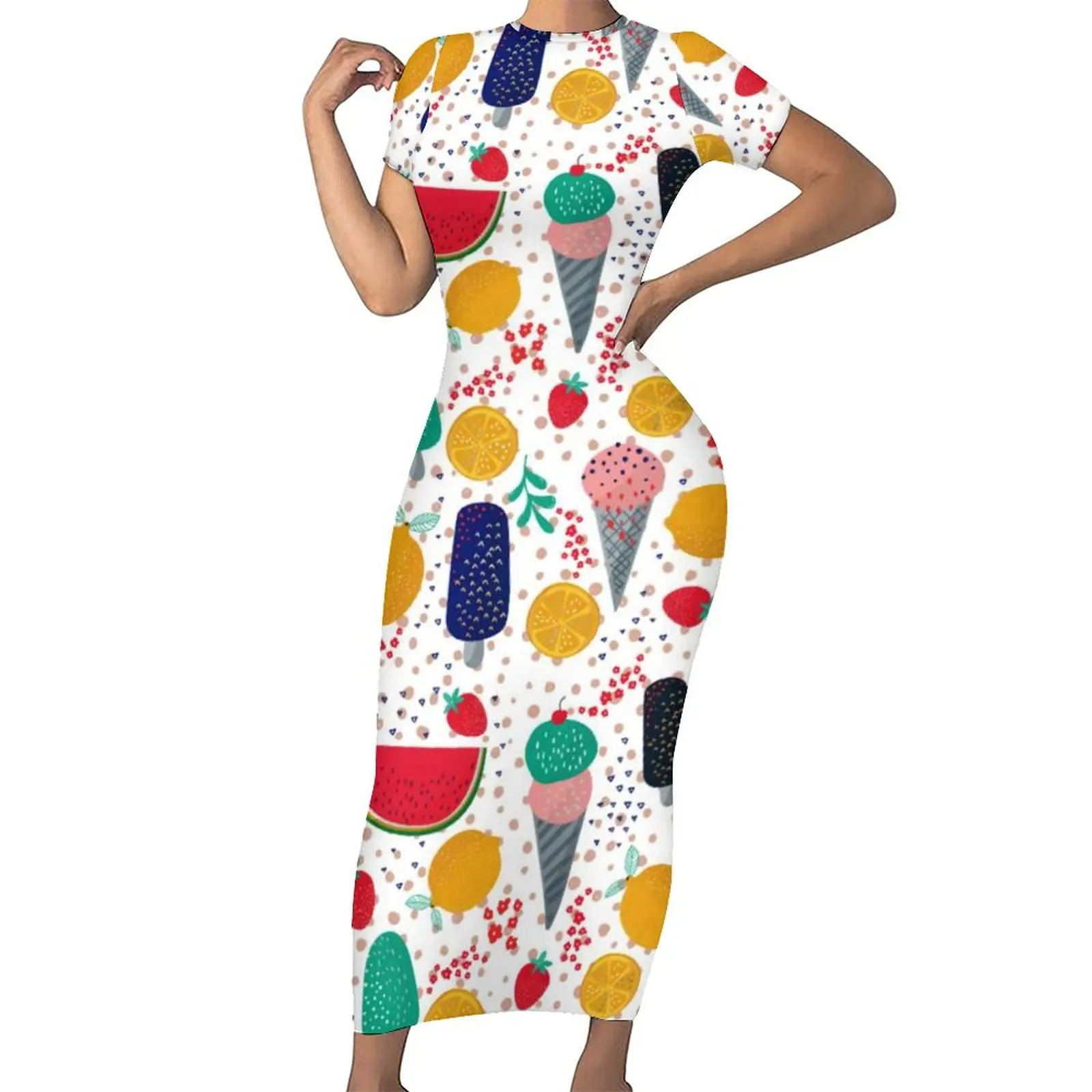 

Fun Ice Print Bodycon Dress Summer Colorful Summer Foods Night Club Maxi Dresses Short Sleeve Design Fashion Dress Large Size