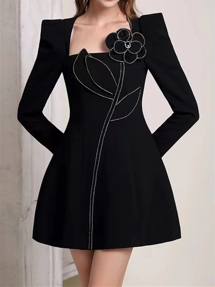 High Waist Dress Lace Solid Black A-Line Runway Embroidery 2022 Spring Boho Party Dresses Women Luxury Fall Long Sleeve Elegant