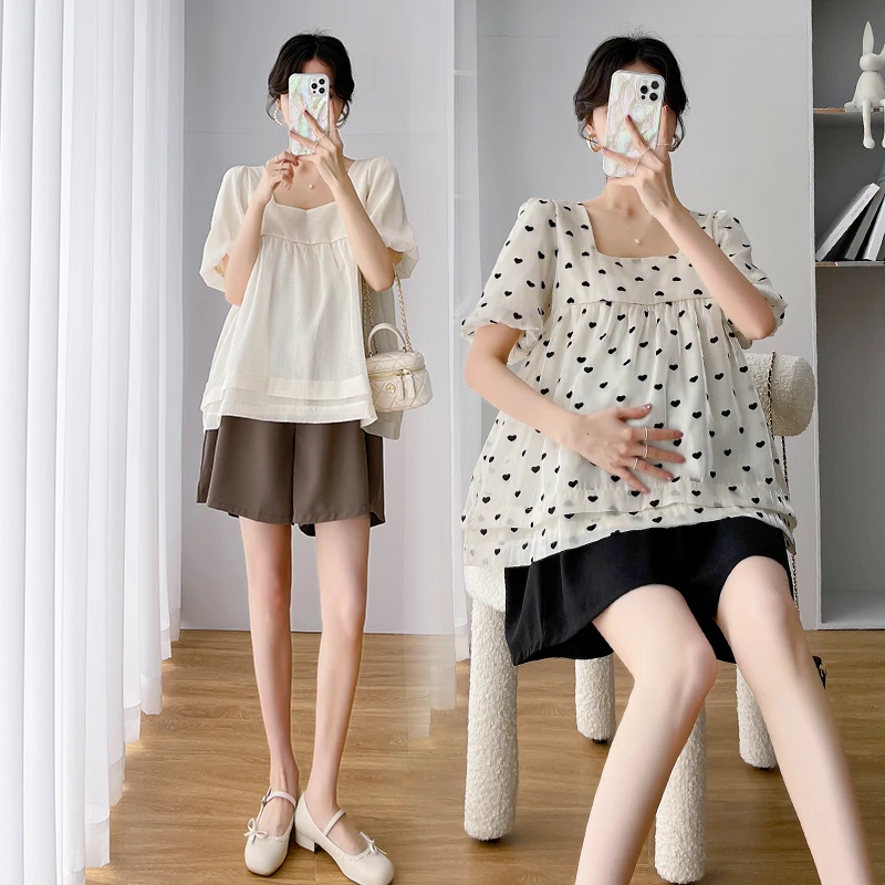 

695# Summer Korean Fashion Thin Maternity Blouse Sweet Cute Loose Tunic Clothes for Pregnant Women Pregnancy Tops Shirt Shorts