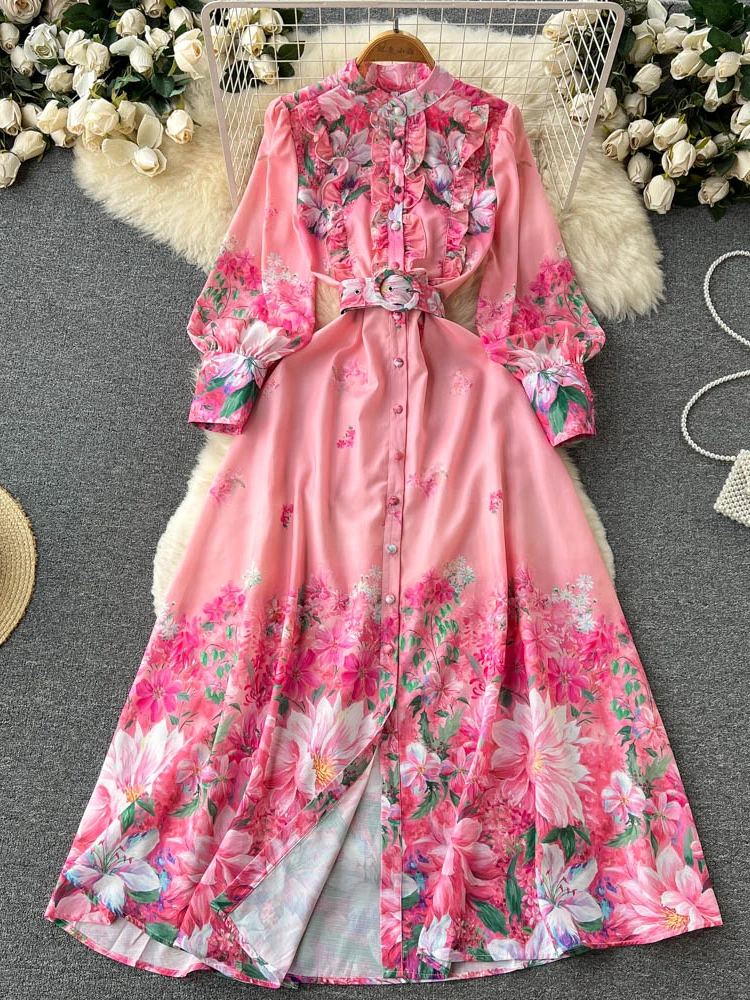 

Aibeautyer New Casual Summer Floral Print Slim Full Lady Dress A Line O Neck Chiffon Button Single Breasted Women Dresses