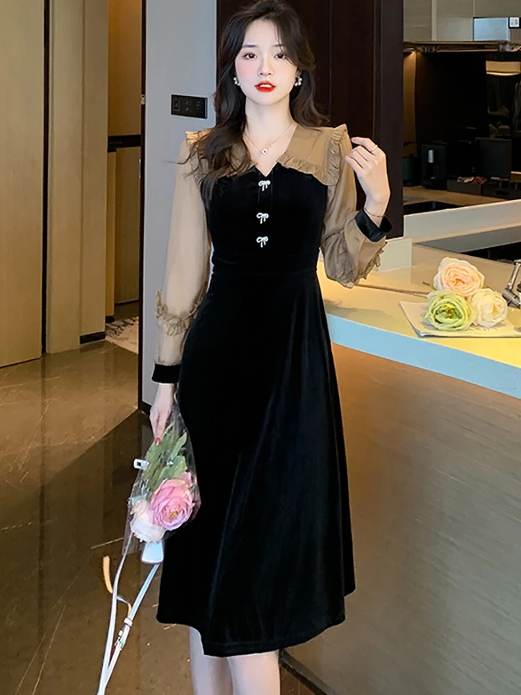 

Осенне-зимнее шикарное роскошное платье с оборками для выпускного вечера 2023 корейское элегантное женское строгое платье черное бархатное лоскутное Сетчатое платье миди