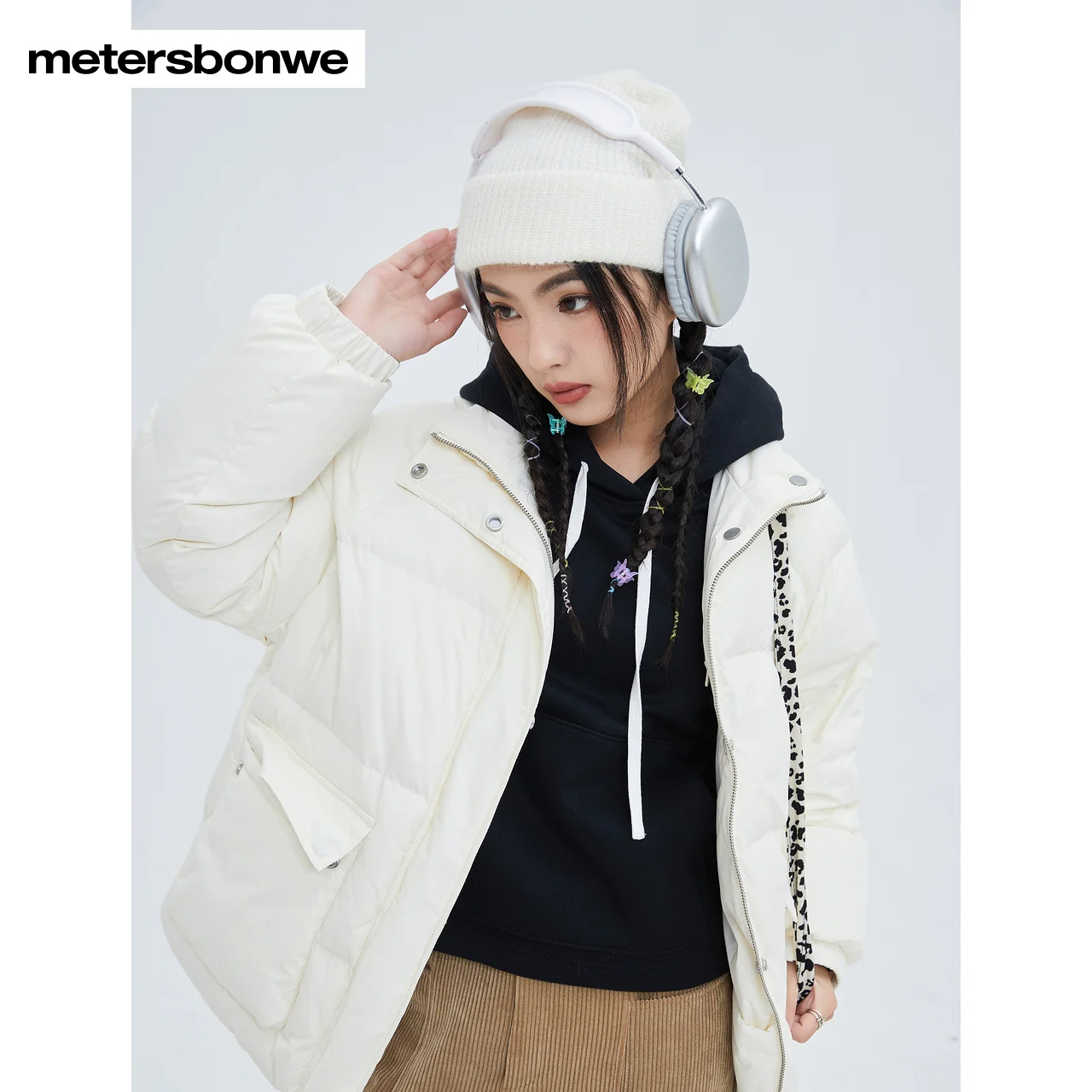 Metersbonwe Women's 22New Winter Loose Stand Collar Down Jacket 80%Duck Down Short Thick Warm Wear Large Pocket Outwear