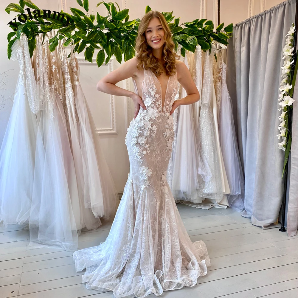 

YOLANMY Mermaid Ruched Backless Zipper Appliques Illusion Wedding Dresses For Mariages Fairytale Sleeveless Made To Order
