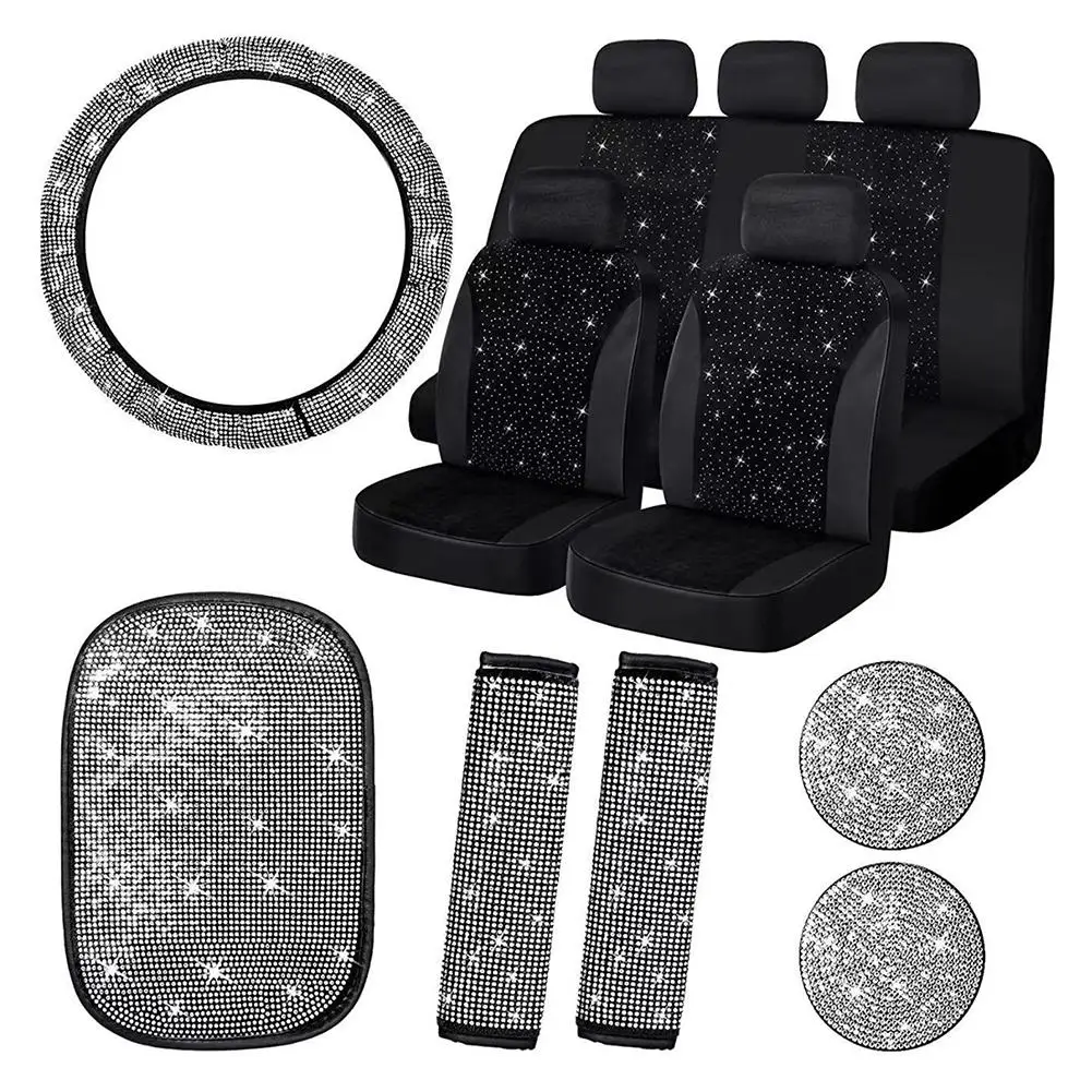 

15 PCS Bling Car Accessories Set For Women Crystal Steering Wheel Cover Bling Rhinestone Crystal Seat Belt Cover Kit Wholesale