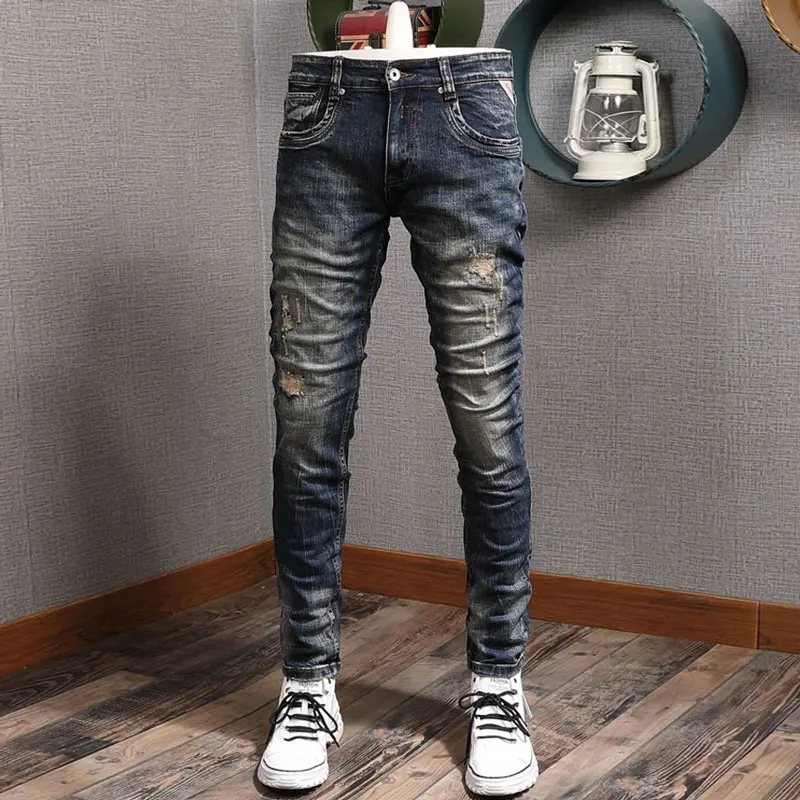 Fashion Trendy Men Jeans Retro Black Blue Elastic Stretch Slim Vintage Ripped Jeans Embroidery Patched Designer Denim Pants Men