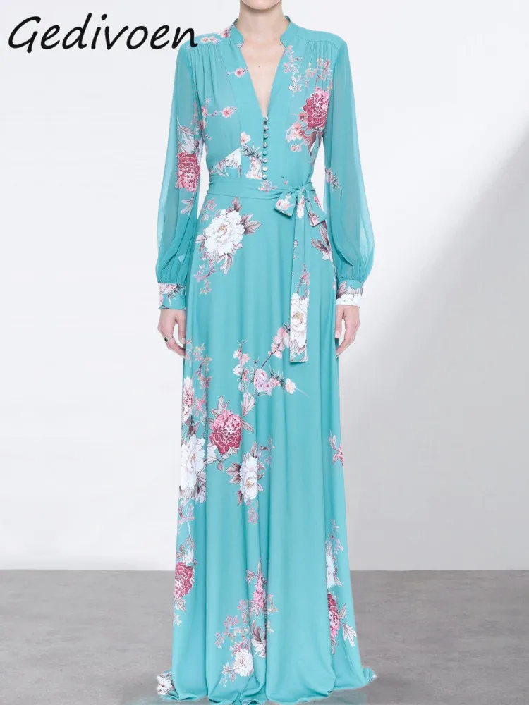 

Модное дизайнерское летнее винтажное платье Gedivoen, женское однобортное платье с V-образным вырезом и оборками, женское длинное платье с искусственным синим принтом