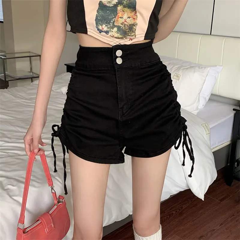 Hotsweet Black Jeans Shorts Women New High Waist Sexy Pleated Lace-up High Street Thin Zipper Button Cross-pants