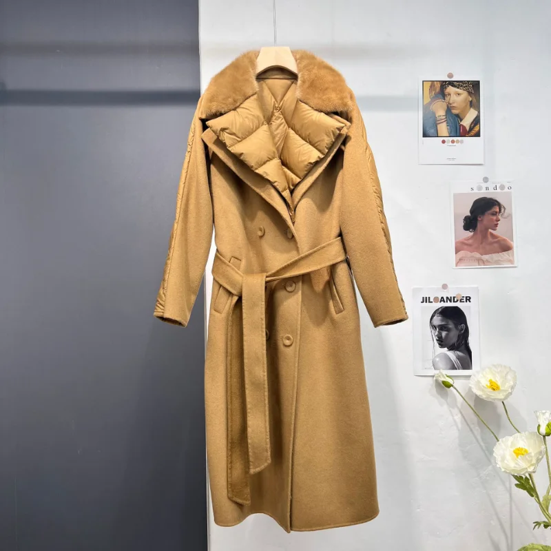 

2022 autumn winter women's fashion bathrobe design luxury mink fur collar woolen white goose down overcoat jacket with belt