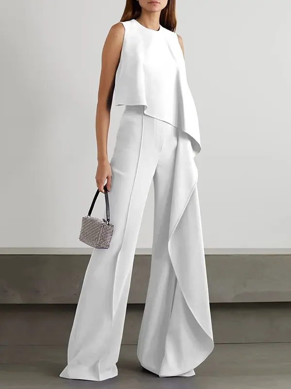 Jumpsuit Cargo Pants Elegant Short Sleeve Waist Tie Solid Women's Summer Wide Leg Pants Bodysuit Overalls Wide Leg Cropped Pants