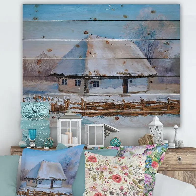 

Cottage Covered With Snow In Winter I' Traditional Print on Natural Pine Wood