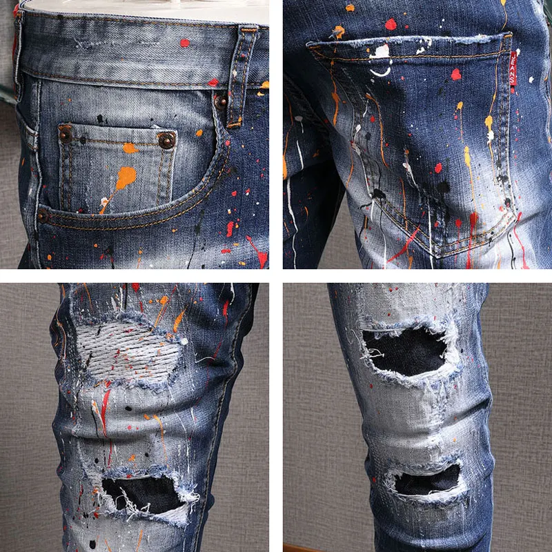 Street Fashion Men Jeans Retro Blue Elastic Stretch Slim Fit Painted Ripped Jeans Men Hole Patched Designer Hip Hop Denim Pants
