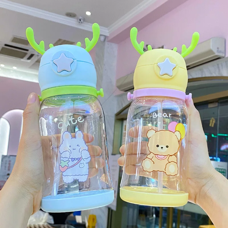 

New Summer Cartoon Water Bottle Children's Large-Capacity Children's Fun Antlers Plastic Portable Straw Cup