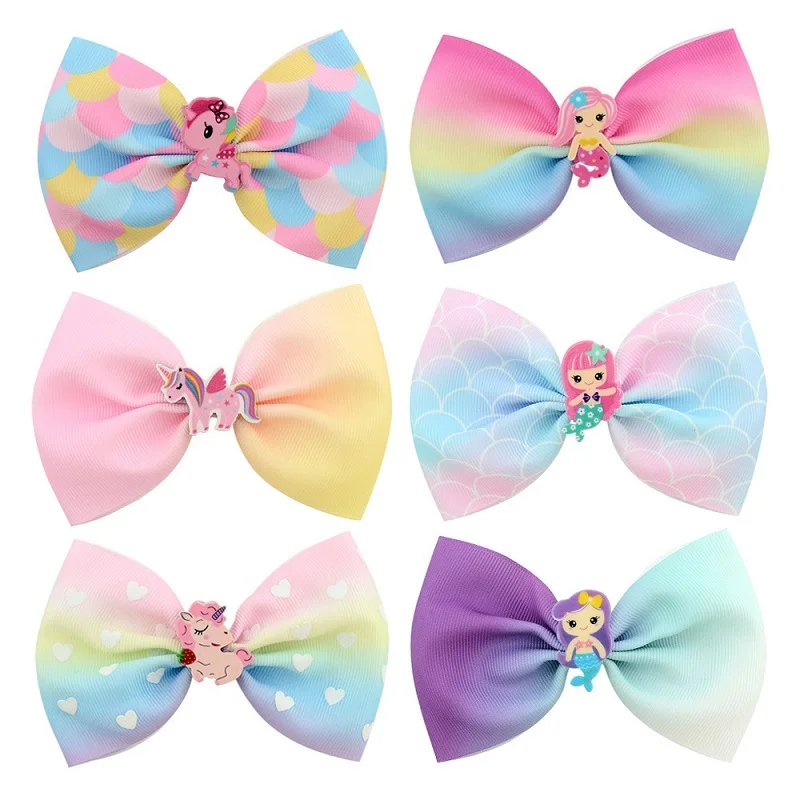 

4.5inch Unicorn Rainbow Printed Bow For Girls Handmade Boutique JoJo Clip Hair Accessories Gift