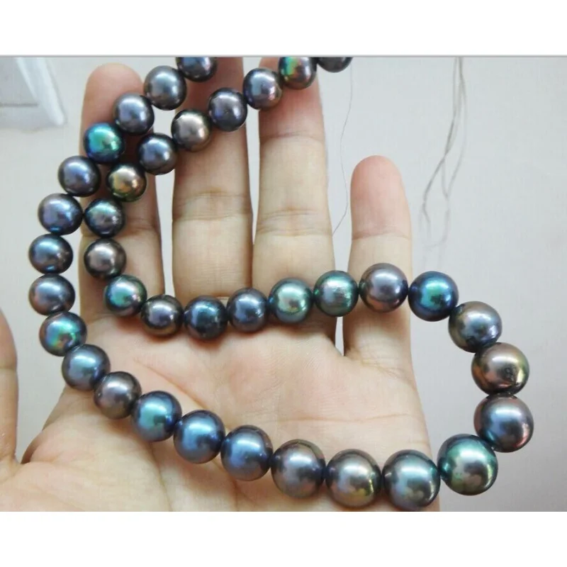

NEW 18'AAA 9-10MM TAHITIAN BLA PEARL NELACE 925silver WHITE GOLD