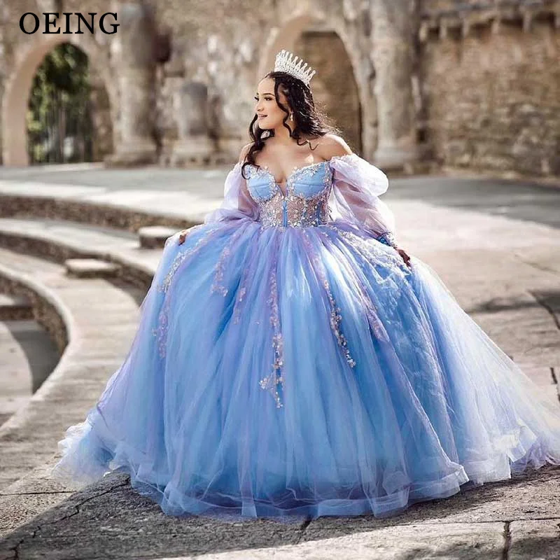 

OEING Sky Blue Quinceanera Dresses V-Neck Lace Applique 3D Flower Sequins Lace Up Prom Ball Gowns Graduation Sweet 15 Birthday