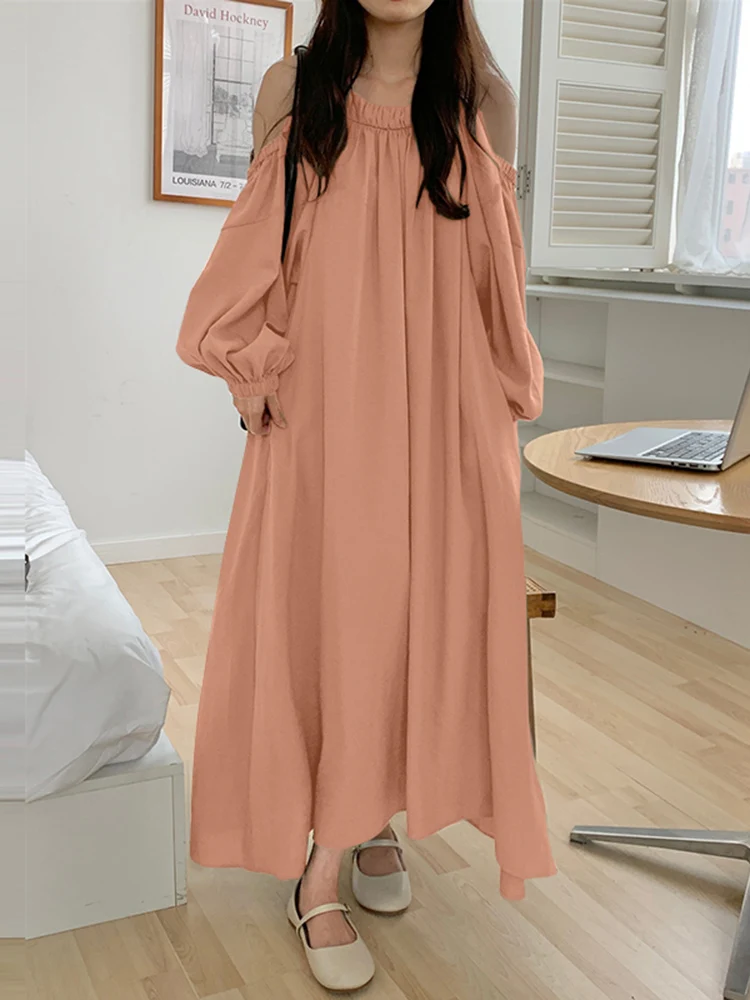 

2022 ZANZEA Solid Loose Dress Oversized Casual Off Shoulder Vestidos Robe Femme Fashion Womens Puff Sleeve Maxi Long Sundress