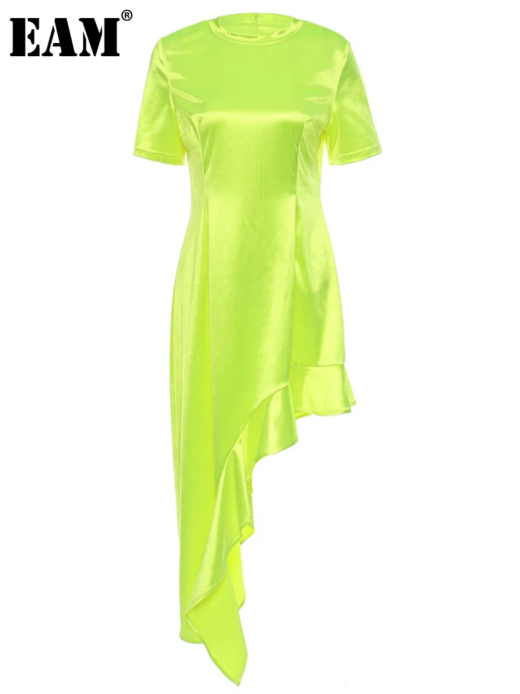 

[EAM] Women Green Irregular Ruffles Long Dress New Round Neck Half Sleeve Loose Fit Fashion Tide Spring Autumn 2022 1DE6115