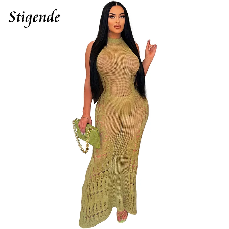 

Stigende Women Sexy Hollow Out Cover Up Long Dress Knitted Crochet Summer Beach Sundress Sleeveless See Through Mesh Swimwear