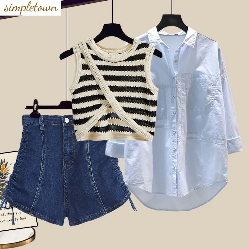 

Large Fat Mm Summer Set Women's 2023 New Sunscreen Shirt Versatile Tank Top Slim Denim Shorts Three Piece Set