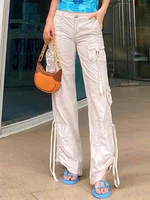weiyao khaki vintage casual low waist cargo jeans woman ruched drawstring pockets streetwear y2k denim straight pants korean