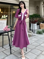 summer women purple dresses white striped patchwork design one piece v neck lacing up waist short sleeve claf length dress 2022