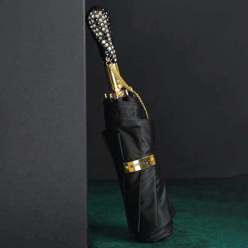 Черный деловой складной зонт роскошный с ручкой дрелью Солнцезащитный для