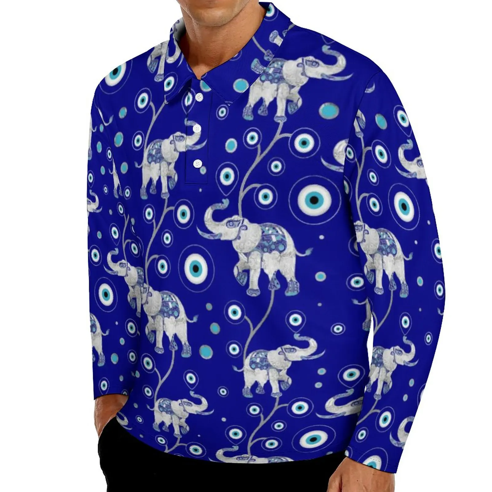 

Рубашка-поло с изображением сглаза и слона, осенняя Повседневная рубашка-амулет на удачу, винтажные футболки большого размера с длинным рук...