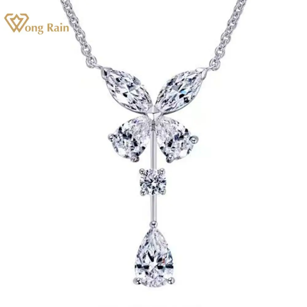 Wong Rain 100% 925 Sterling Silver Lab Sapphire High Carbon Diamonds Gemstone Butterfly Pendant Necklace Fine Jewelry Wholesale