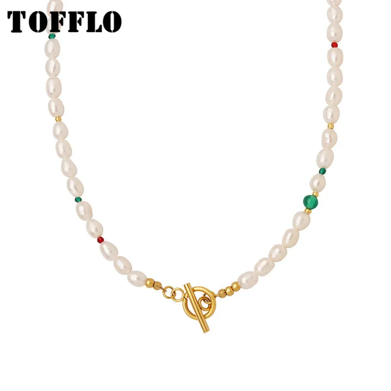 

TOFFLO Stainless Steel Jewelry Glass Stone Splicing Freshwater Pearl Beads Pendant Necklace Women's Clavicle Chain BSP1371
