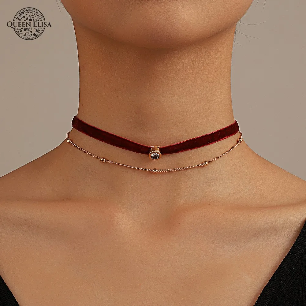 

Vintage Style Red Inlaid Zircon Double Pendant Necklace Female Velvet Material Neck Accessories