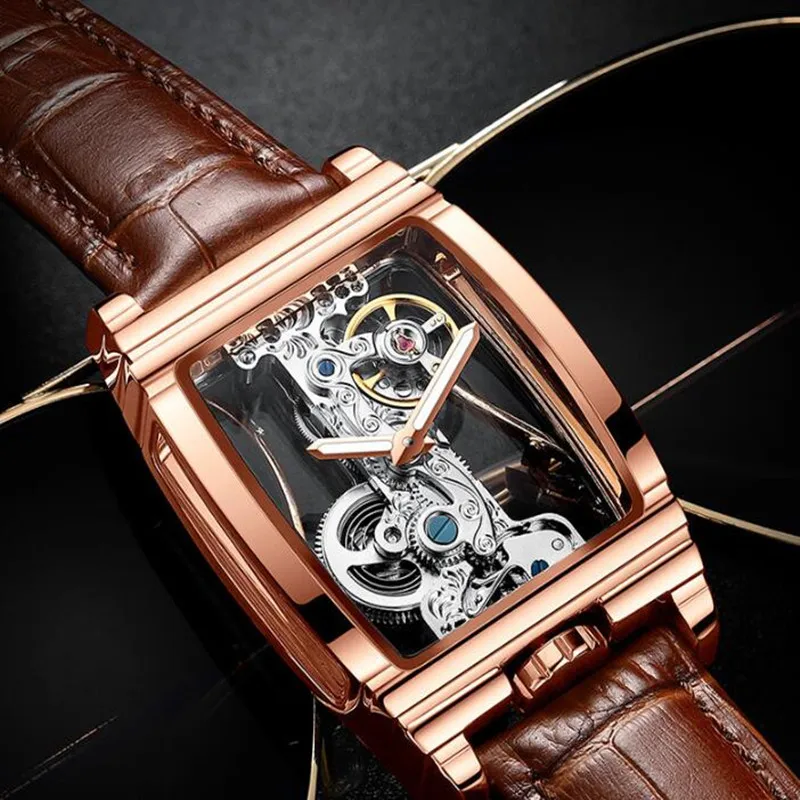 

2023 New Rectangle Luxury Wristwatch Hollow Out Men's Watch Waterproof Full Automatic Watch