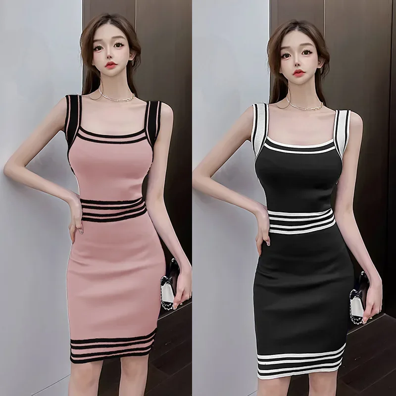 Лето 2023 новое элегантное светское платье в полоску с цветными блоками вязаное