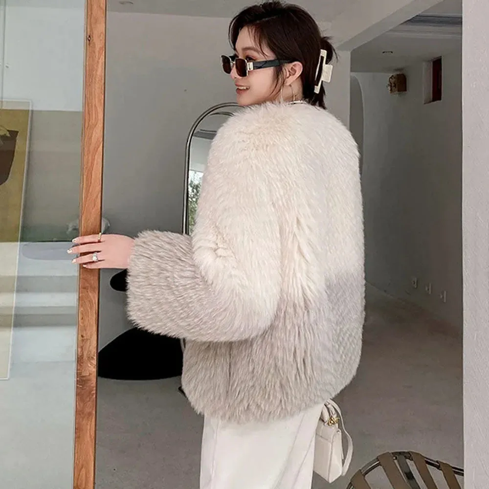 Winter Faux Fox fur faux Gradient Color Coat Female Profile pink Jackets Casual Warm Autumn Outerwear Lady Elegant Fur Jacket
