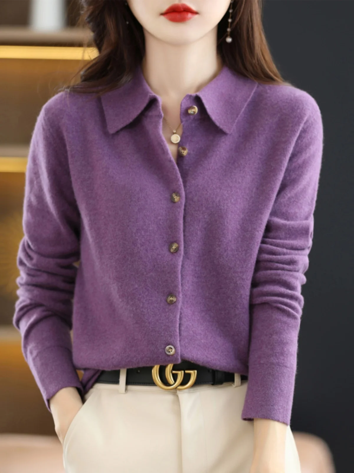 Spring Type 00 Cashmere Sweater Women Cardigan Blouse Collar Exquisite Polo Long sleeve Fleece Base Knit