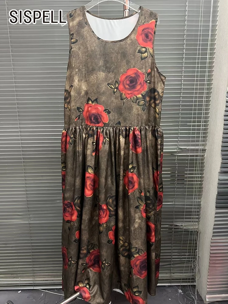 

SISPELL Vintage Ruched Dresses For Women Round Neck Sleeveless High Waist A Line Loose Printing Dress Female Fashion Summer New