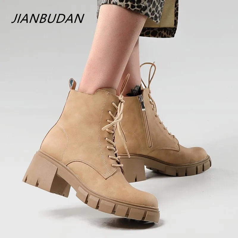 JIANBUDAN Platform Ankle Boots Women Chelsea Boots High Heel Lady Shoes zipper Ladies Thick Sole Short boots Autumn shoes 35-44