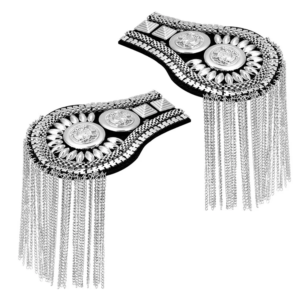 

2pcs Blazer Shoulder Epaulets Tassel Chain Metal Epaulettes Beads Punk Fringe Epault ( Silver )