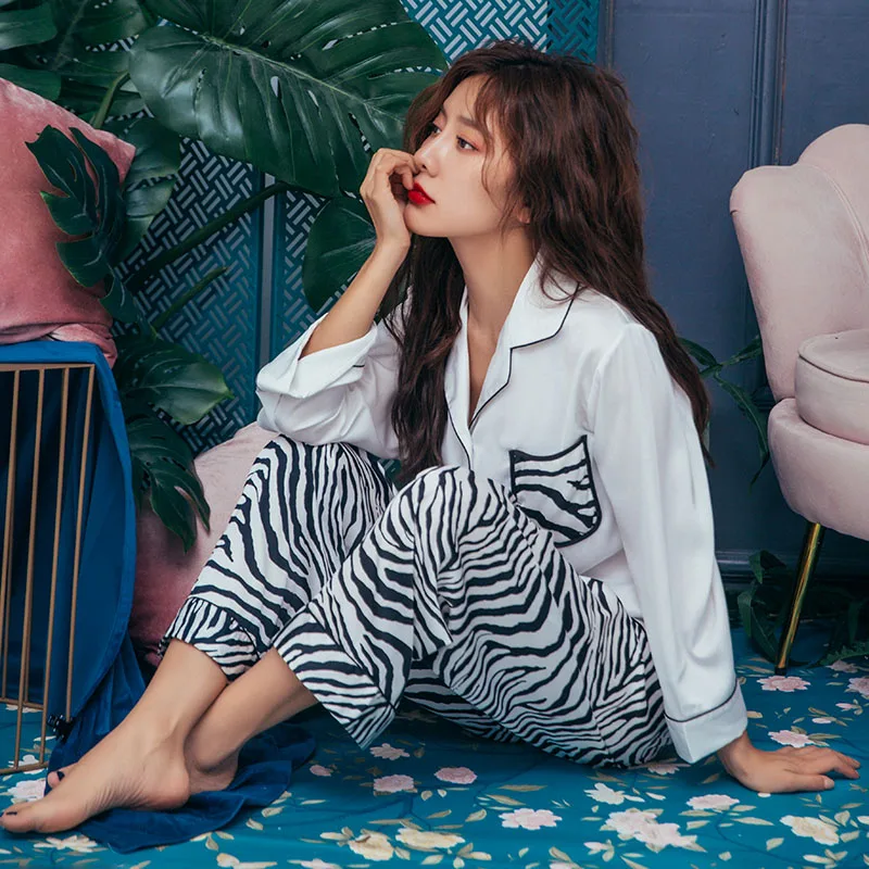 Tulin Fashion Zebra Print Women's Pajamas Women Suits 2 Pieces Satin Sleepwear Female Homewear Long Sleeve Phoentin | Женская одежда