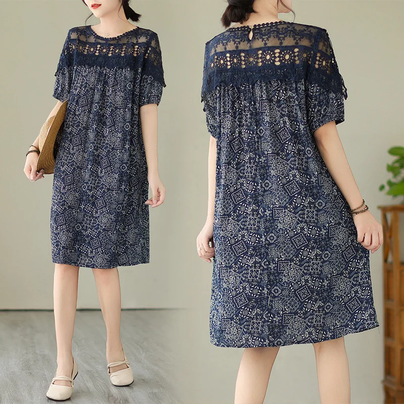

#3898 Summer Vintage T Shirt Dress Women Spliced Lace Round Neck Hollow Out Sexy Vestidos Knee-length Retro A-line Dress Female