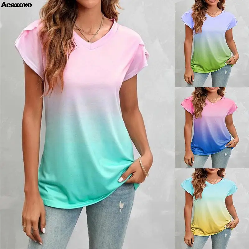 

2023 summer new tie dye V-neck loose women's short sleeve petal sleeve